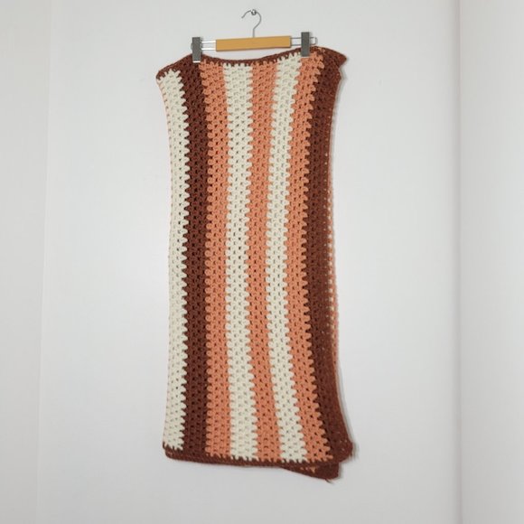 Handmade Crochet Afghan Throw Blanket Multicolored Striped Brown White Orange - Picture 1 of 10